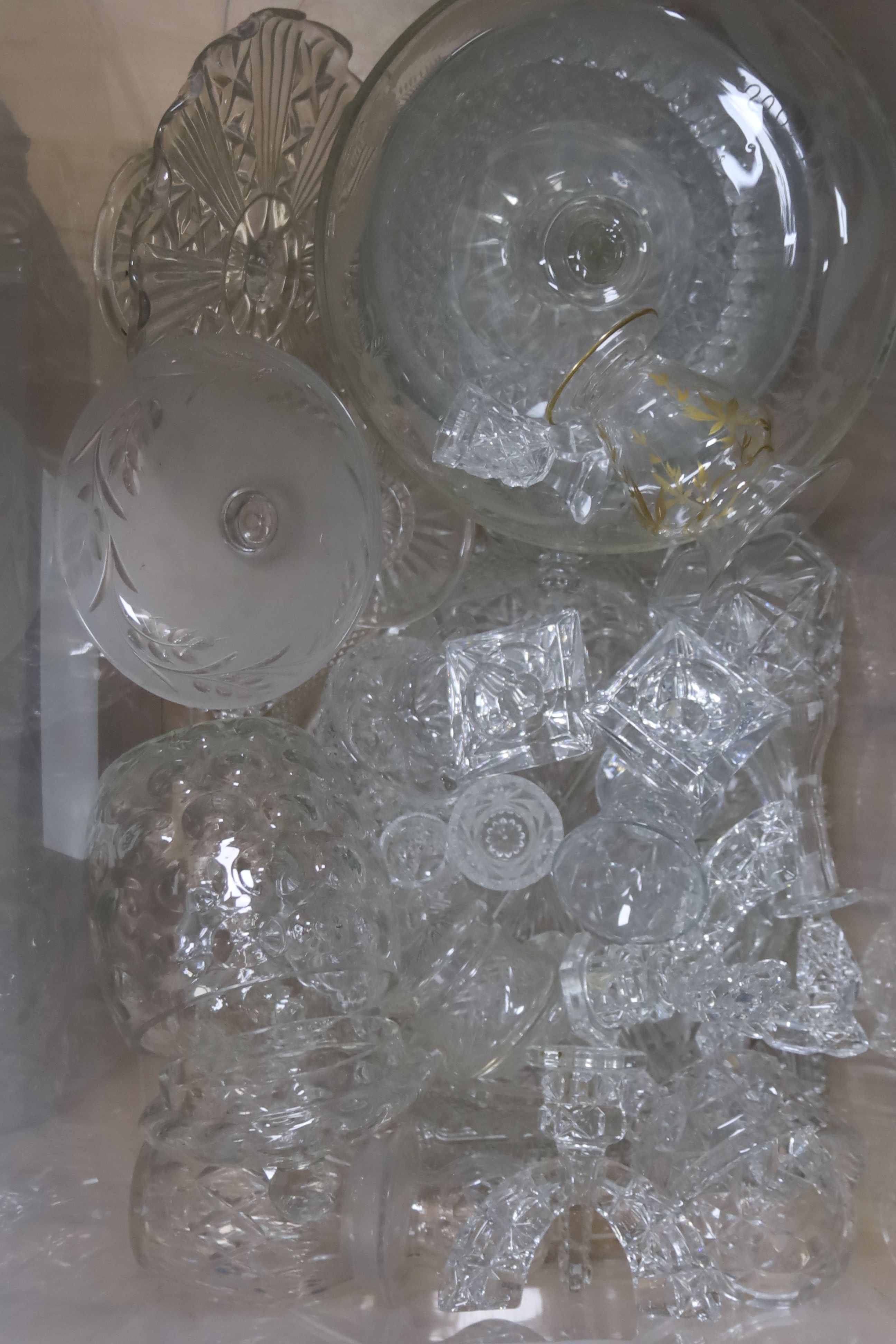 A collection of mixed glassware, to include specimen vases, dressing table set, decanters, etc.